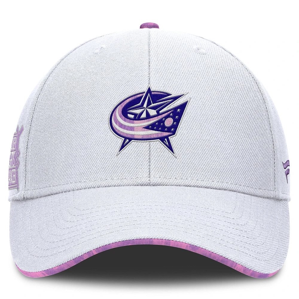 Men's Fanatics White Columbus Blue Jackets Authentic Pro Hockey Fights Cancer Adjustable Hat