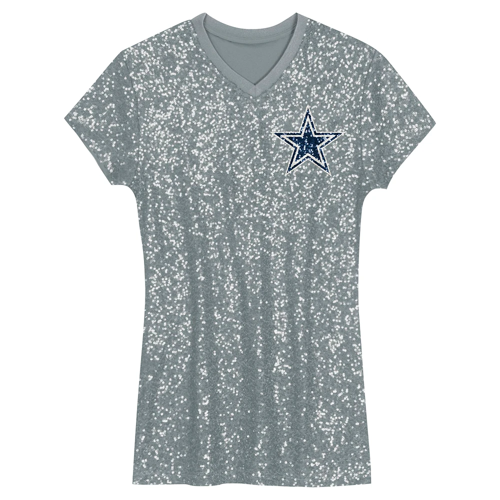 Girls Youth Micah Parsons Silver Dallas Cowboys Sequin Player Name & Number V-Neck Dress