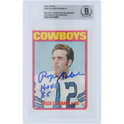 Carte de recrue authentifiée signée Roger Staubach Dallas Cowboys Topps #200 de 1972 avec l'inscription « HOF 85 » et dont les fanatiques ont été témoins
