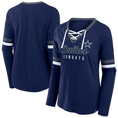 T-shirt à manches longues et col en V lacets pour femmes Fanatics Navy Dallas Cowboys grande taille Won & Done
