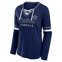 Women's Fanatics Navy Dallas Cowboys Won and Done Lace-Up Long Sleeve Fashion Top