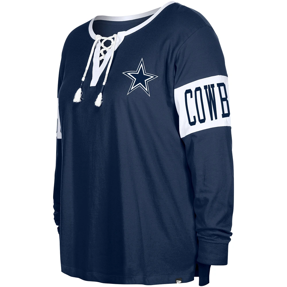 Women's New Era  Navy Dallas Cowboys Plus Lace-Up Notch Neck Long Sleeve T-Shirt