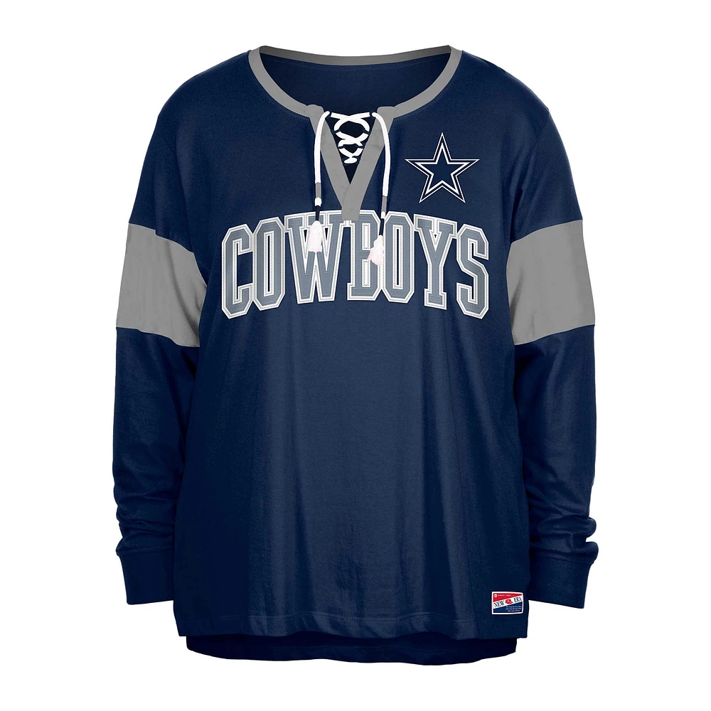 Women's New Era Navy Dallas Cowboys Plus Lace-Up Notch Neck Long Sleeve T-Shirt