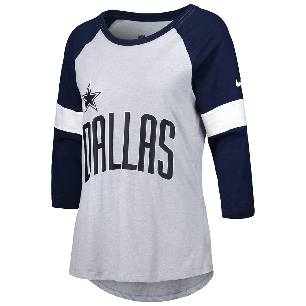 Women's Nike Dallas Cowboys Heather Gray/Navy Football Pride Raglan 3/4-Sleeve T-Shirt