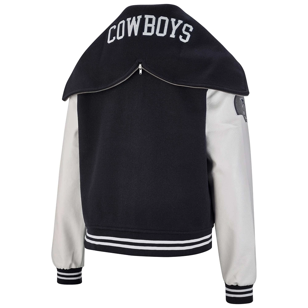 Women's The Wild Collective Navy Dallas Cowboys Sailor Cropped Button-Up Varsity Jacket
