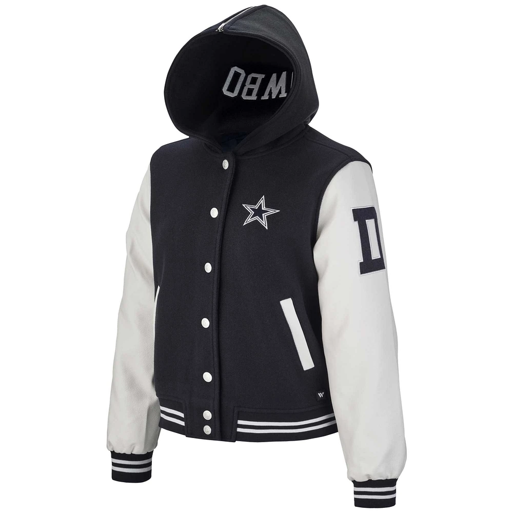 Women's The Wild Collective Navy Dallas Cowboys Sailor Cropped Button-Up Varsity Jacket