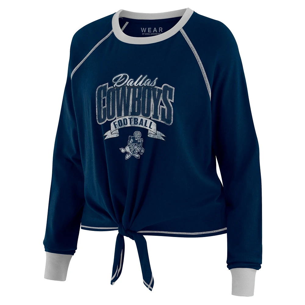 Women's WEAR by Erin Andrews Navy/Silver Dallas Cowboys Plus Tie-Front Long Sleeve Top