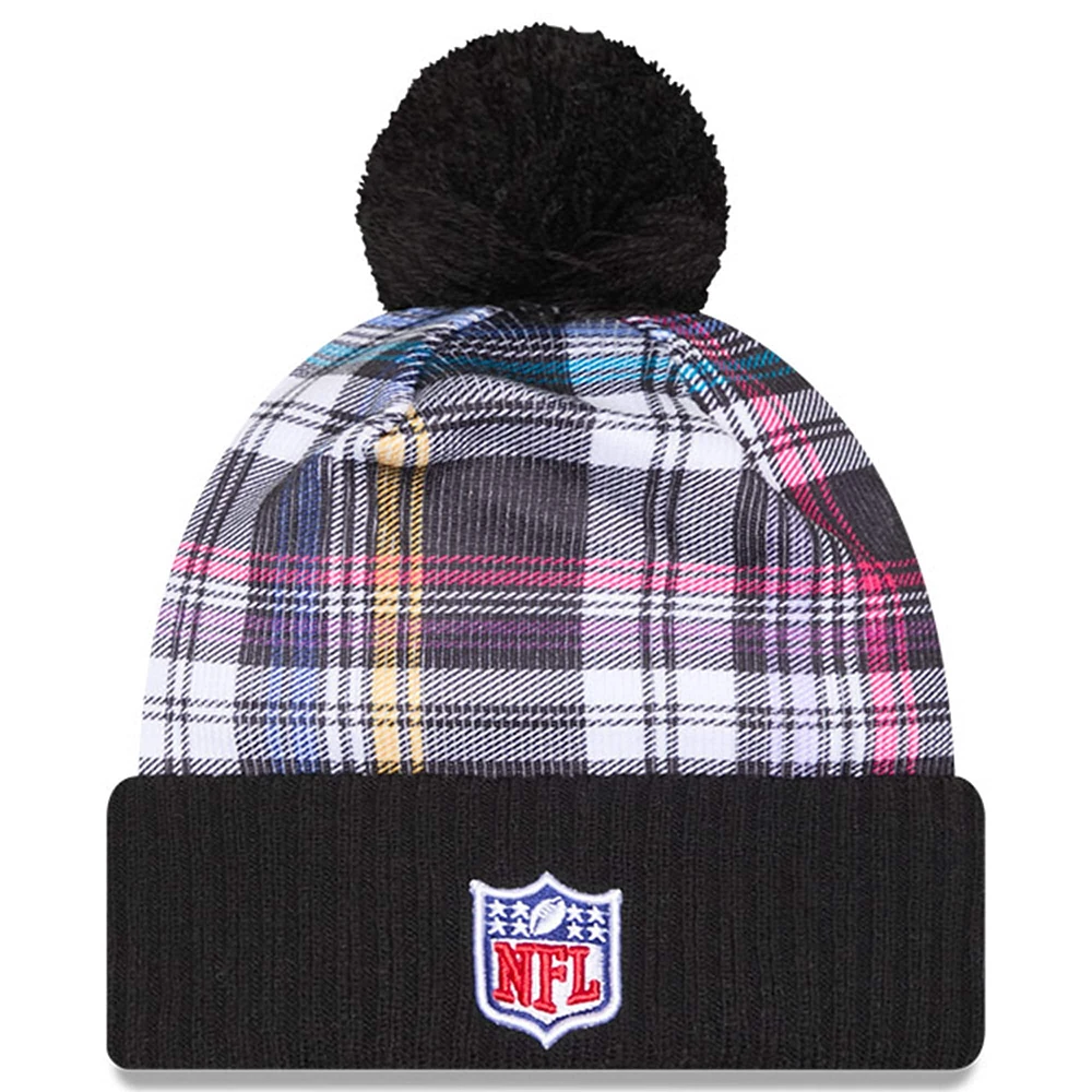 Youth New Era Black Dallas Cowboys 2024 NFL Crucial Catch Plaid Cuffed Pom Knit Hat