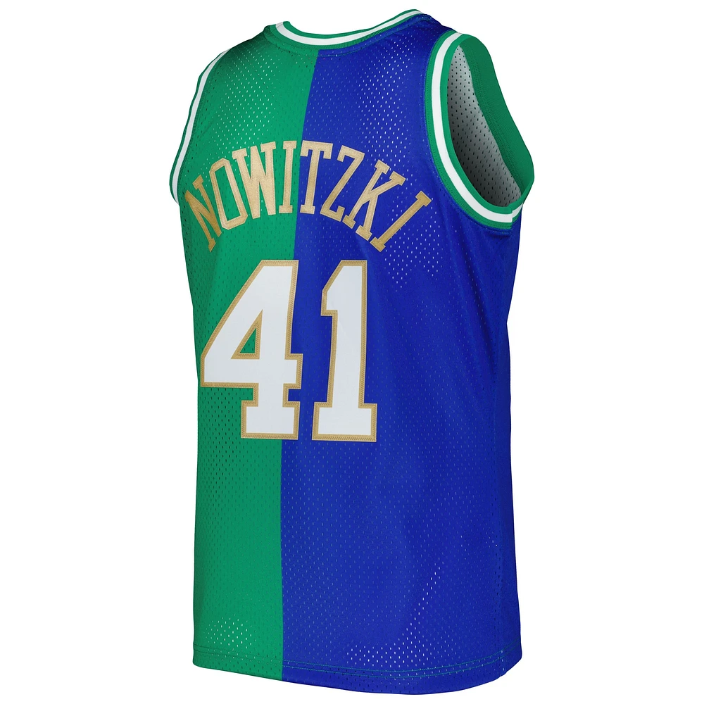 Men's Mitchell & Ness Dirk Nowitzki Blue/Green Dallas Mavericks Hardwood Classics 1998/2019 Split Swingman Jersey