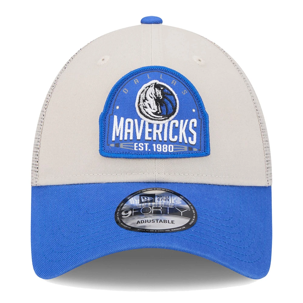 Men's New Era Khaki/Blue Dallas Mavericks Throwback Patch Trucker 9FORTY Adjustable Hat
