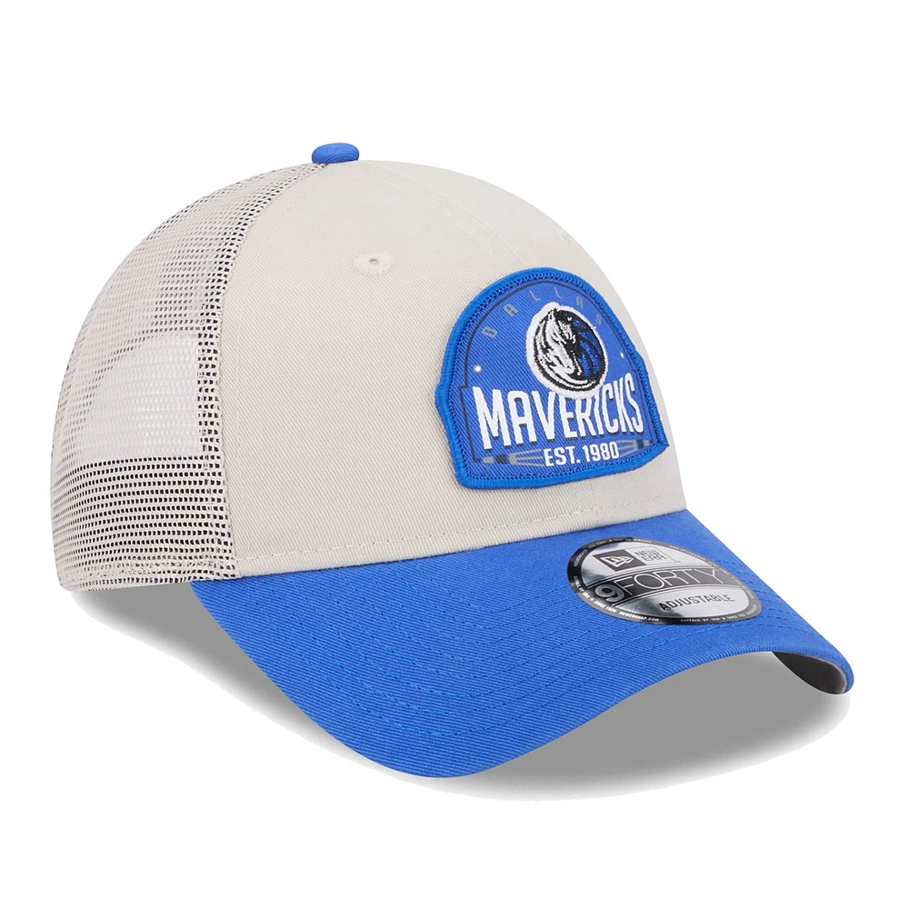 Men's New Era Khaki/Blue Dallas Mavericks Throwback Patch Trucker 9FORTY Adjustable Hat