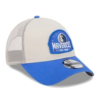 Men's New Era Khaki/Blue Dallas Mavericks Throwback Patch Trucker 9FORTY Adjustable Hat