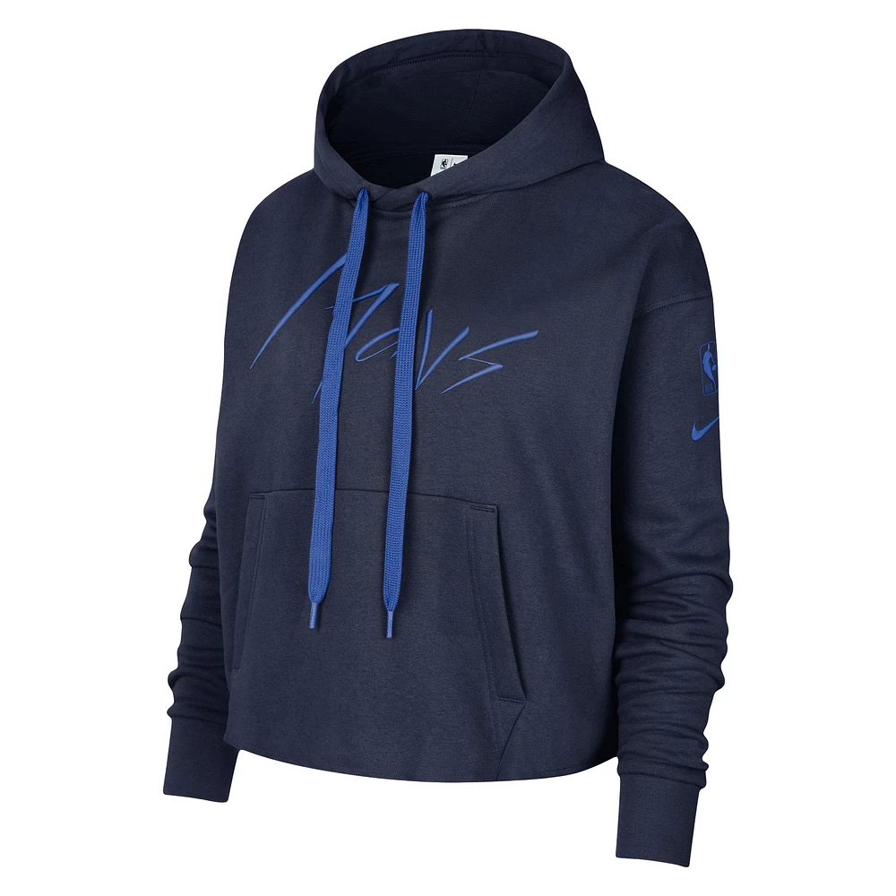 Women's Nike Navy Dallas Mavericks Split Flip Courtside Cropped Pullover Hoodie
