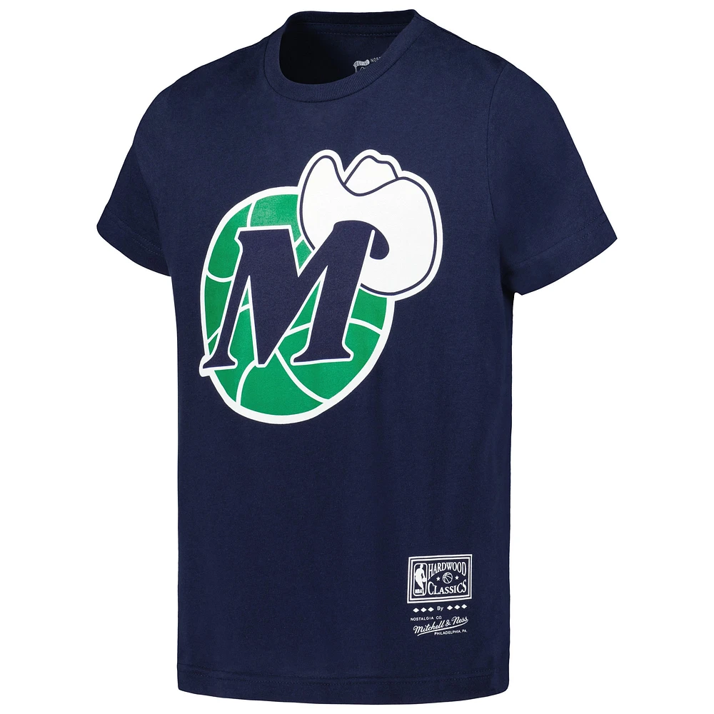 Youth Mitchell & Ness Navy Dallas Mavericks Hardwood Classics Retro Logo T-Shirt