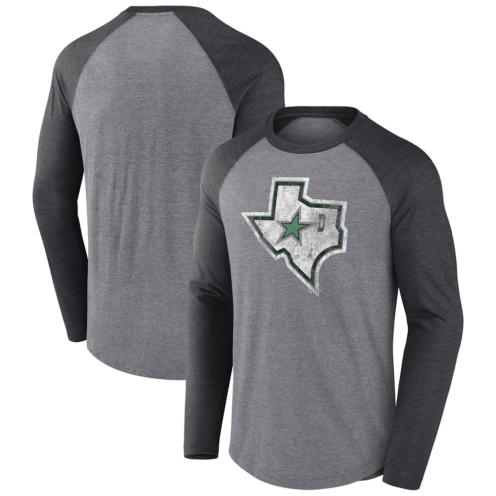 Men's Fanatics Heather Gray Dallas Stars Reverse Retro Raglan Tri-Blend Long Sleeve T-Shirt