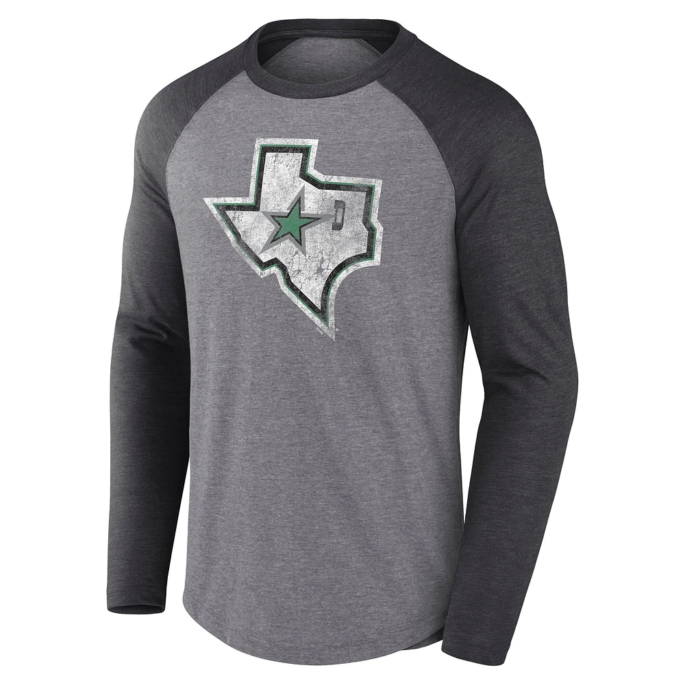 Men's Fanatics Heather Gray Dallas Stars Reverse Retro Raglan Tri-Blend Long Sleeve T-Shirt