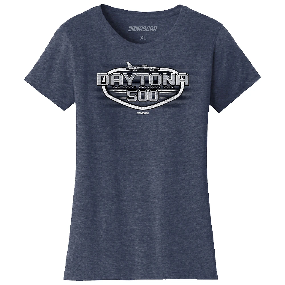 Women's Checkered Flag Sports Heather Navy Daytona International Speedway 2025 500 Graphic T-Shirt