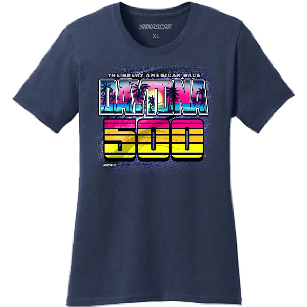 Women's Checkered Flag Sports Navy Daytona International Speedway 2025 500 Graphic T-Shirt
