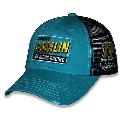 Casquette de camionneur ajustable unisexe à motif drapeau à damier et patch vintage Denny Hamlin bleu sarcelle