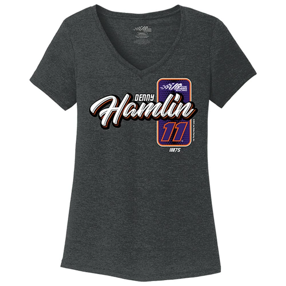 Women's Joe Gibbs Racing Team Collection Heather Black Denny Hamlin V-Neck T-Shirt