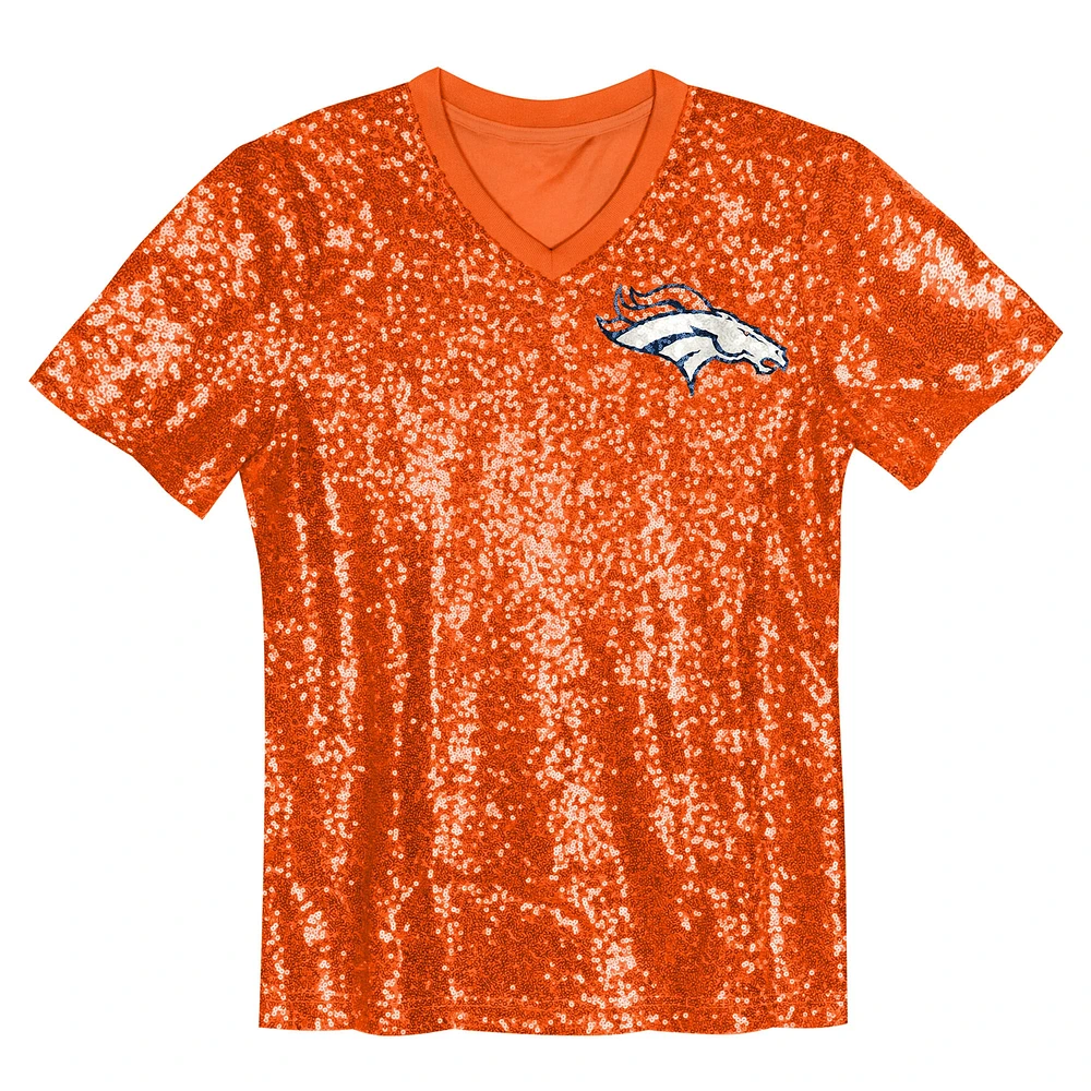 Girls Youth Orange Denver Broncos Wordmark Sequin V-Neck Top