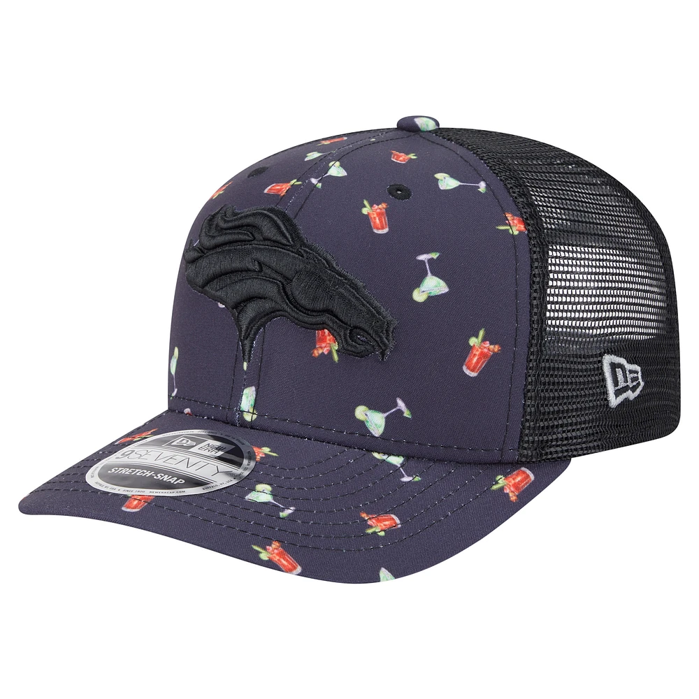 Men's New Era Navy/Black Denver Broncos Adventure Drinks Pattern 9SEVENTY Stretch-Snap Hat