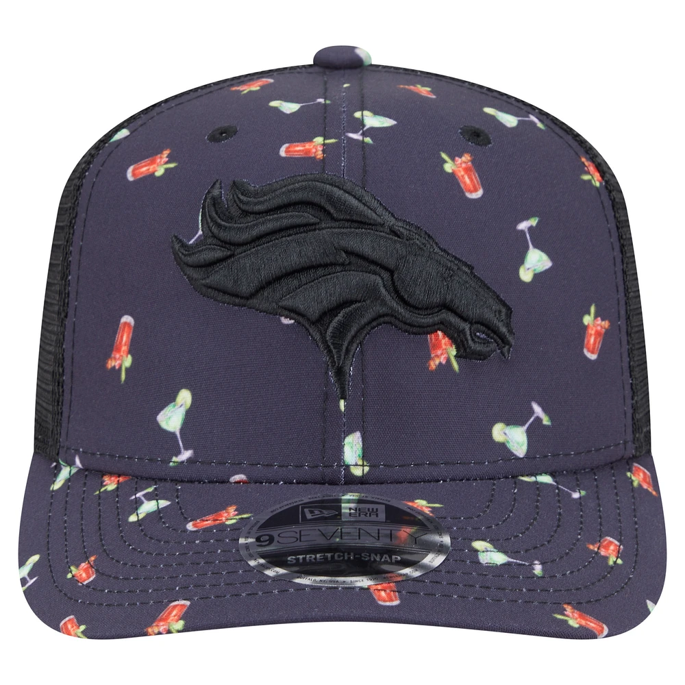 Men's New Era Navy/Black Denver Broncos Adventure Drinks Pattern 9SEVENTY Stretch-Snap Hat