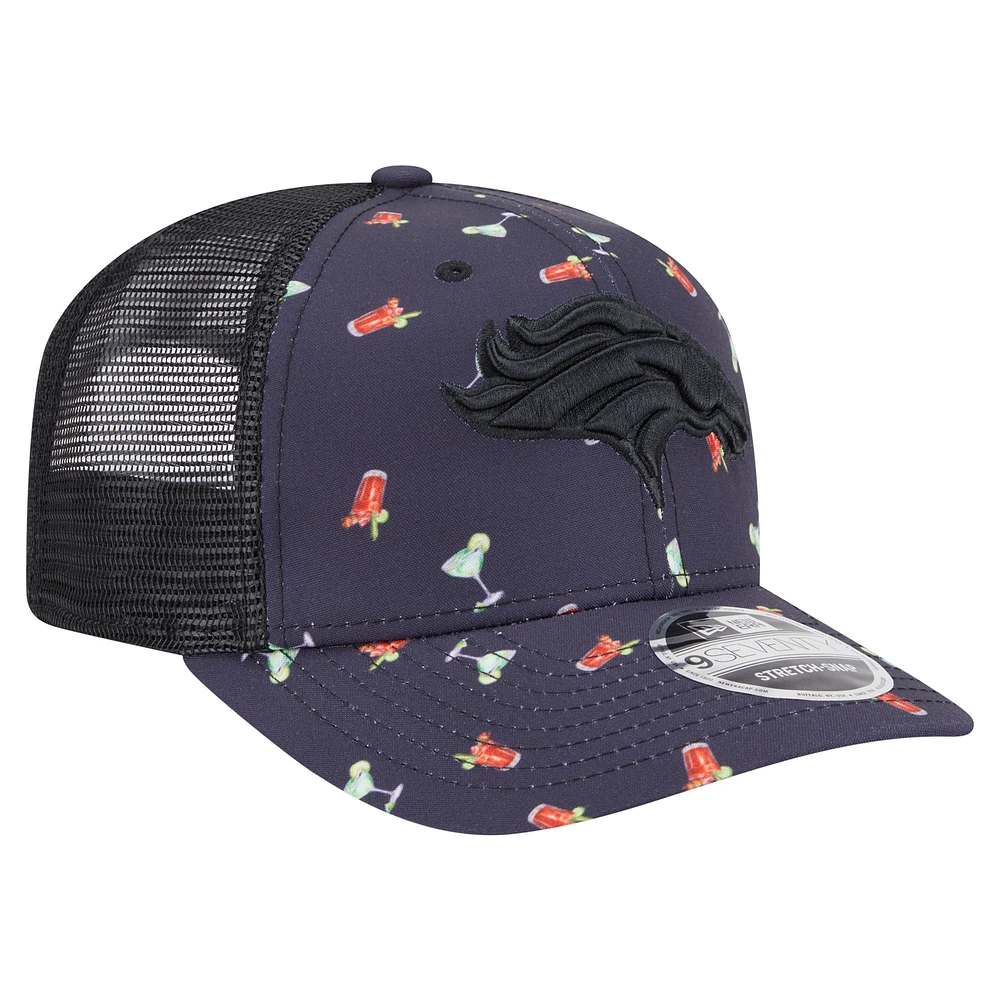 Men's New Era Navy/Black Denver Broncos Adventure Drinks Pattern 9SEVENTY Stretch-Snap Hat