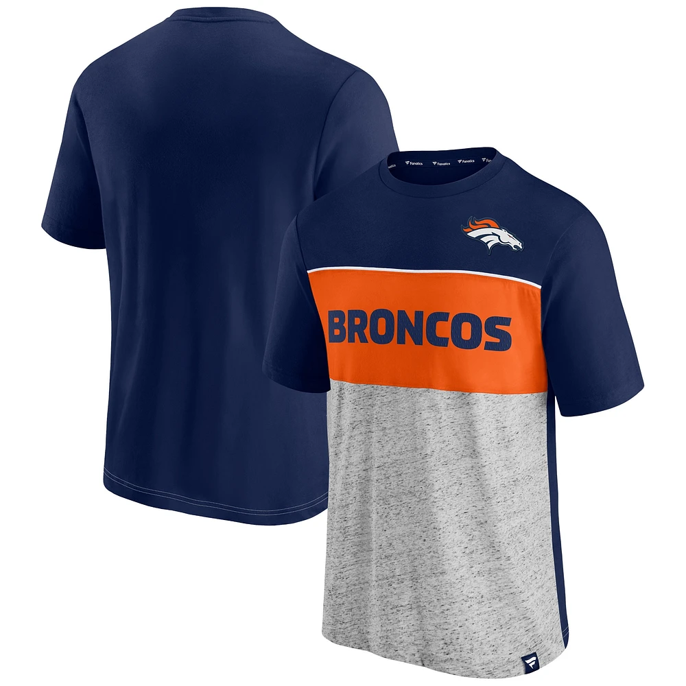 T-shirt color block Fanatics bleu marine/gris chiné pour hommes des Denver Broncos