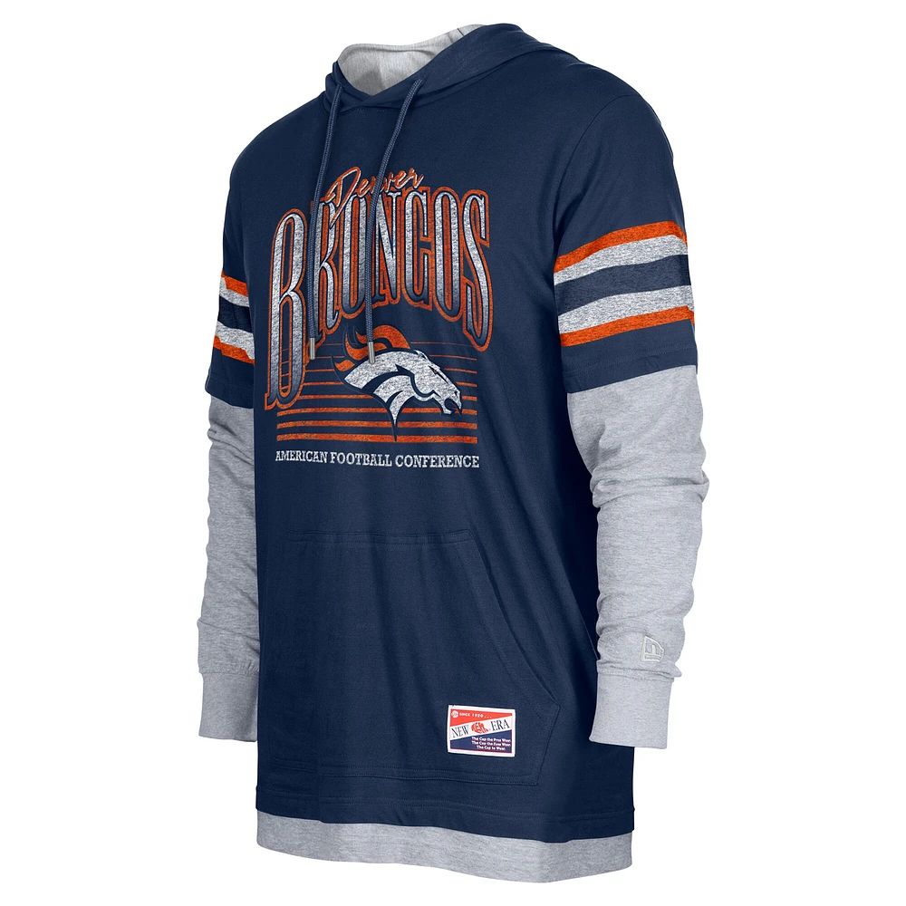 Men's New Era Navy Denver Broncos Twofer Long Sleeve Hooded T-Shirt