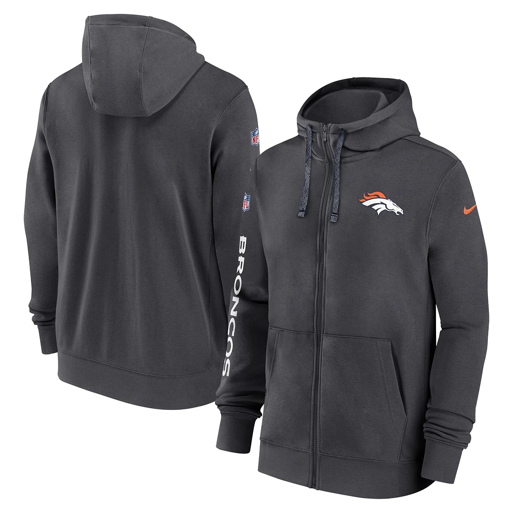 Men's Nike Anthracite Denver Broncos 2024 Sideline Club Full-Zip Hoodie