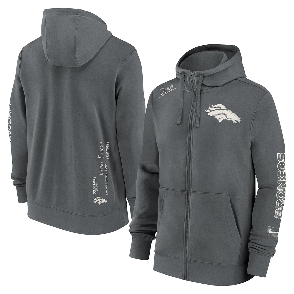 Sweat à capuche Nike gris Denver Broncos Statement entièrement zippé pour homme