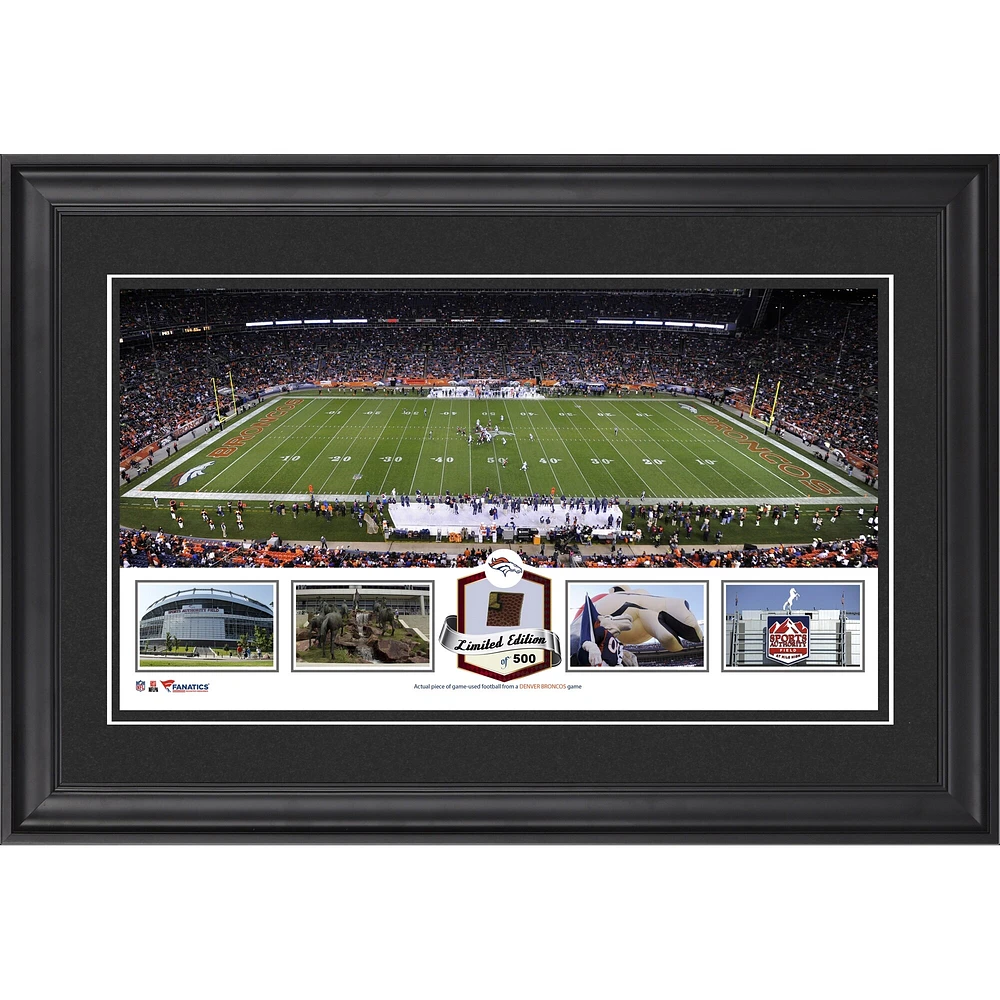 Collage panoramique encadré Sports Authority Field at Mile High Denver Broncos avec ballon de football utilisé lors du match - Édition limitée à 500 exemplaires