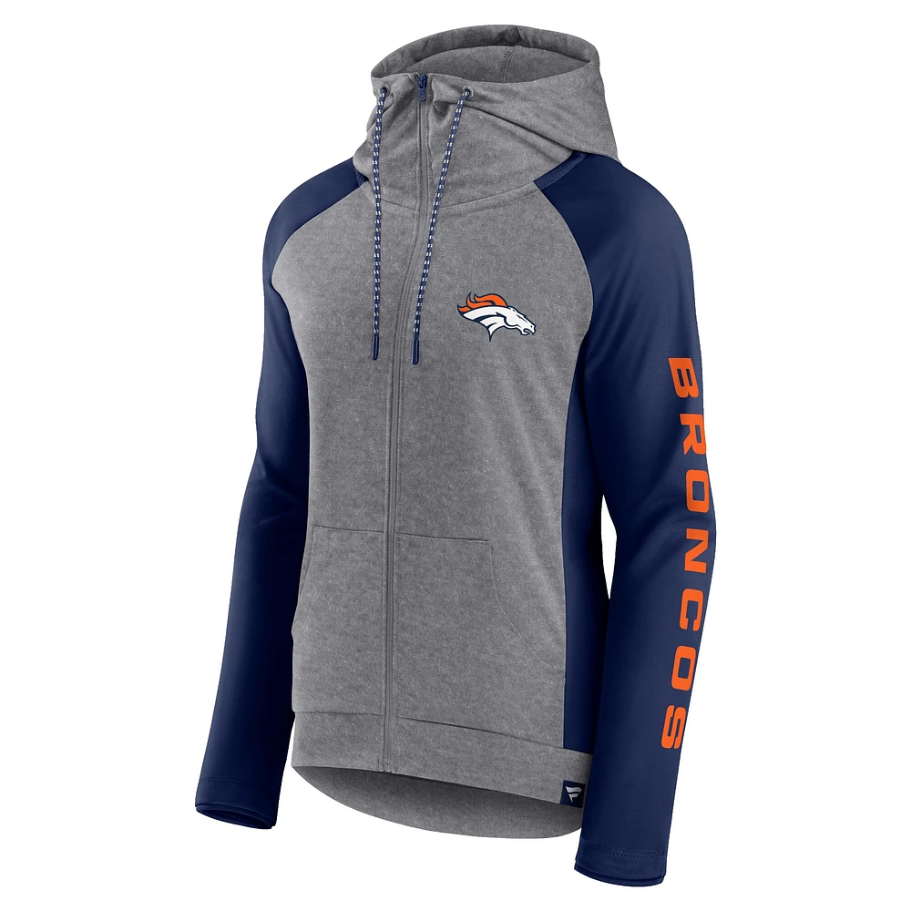 Women's Fanatics Gray/Navy Denver Broncos Blind Side Raglan Full-Zip Hoodie