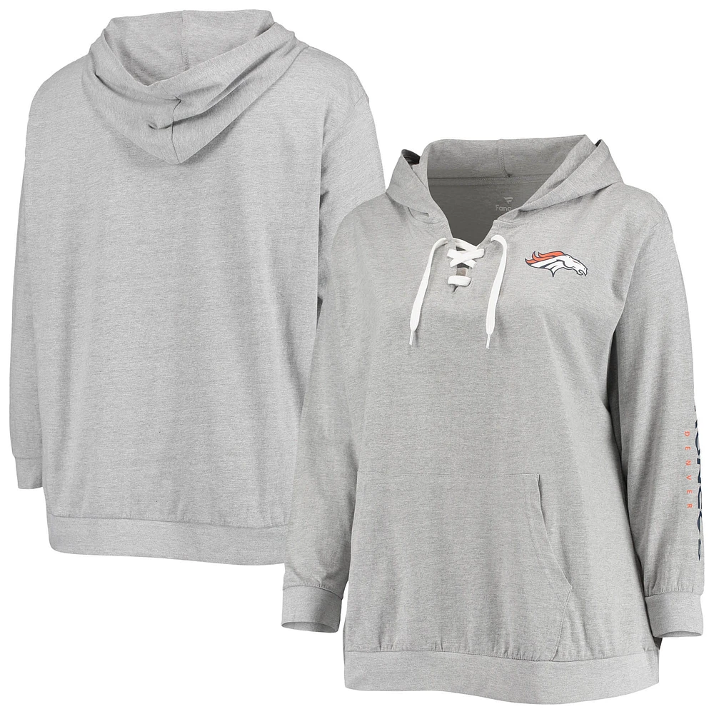 Women's Fanatics Heathered Gray Denver Broncos Plus Lace-Up Pullover Hoodie