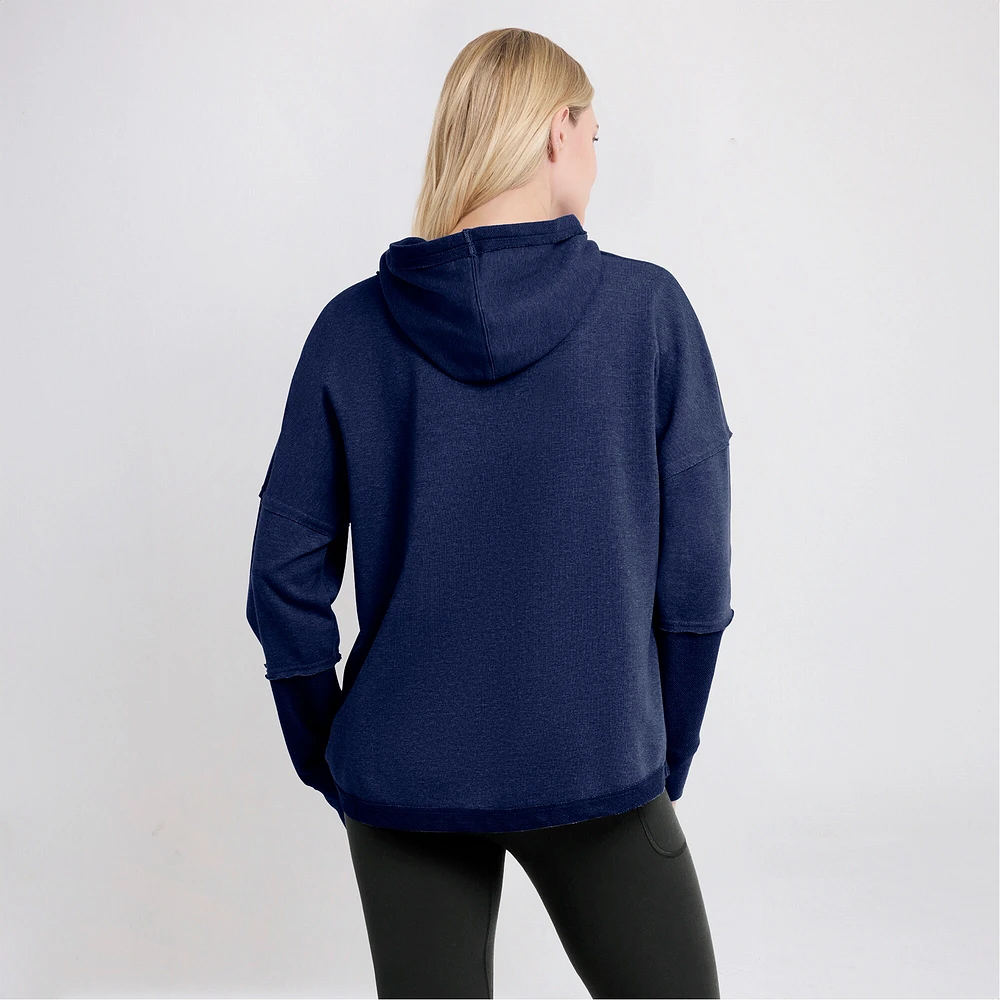 Women's Fanatics Navy Denver Broncos Lightewight Modest Crop Lounge Helmet Arch Pullover Hoodie
