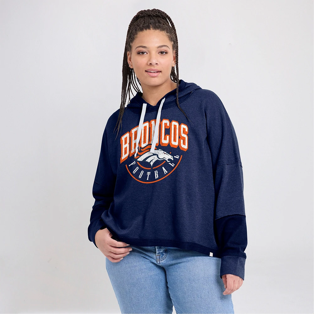 Women's Fanatics Navy Denver Broncos Lightewight Modest Crop Lounge Helmet Arch Pullover Hoodie