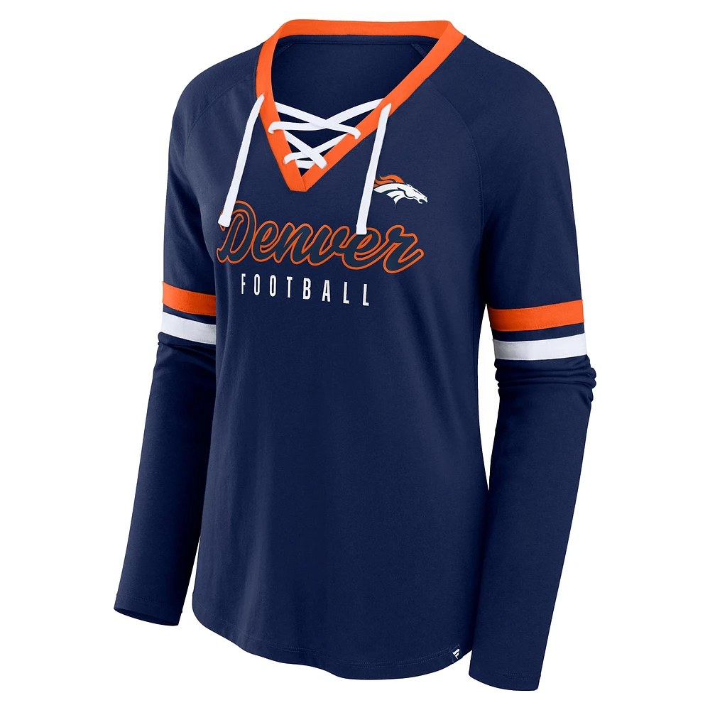 Women's Fanatics Navy Denver Broncos Won and Done Lace-Up Long Sleeve Fashion Top
