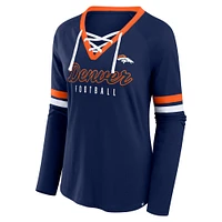 Women's Fanatics Navy Denver Broncos Won and Done Lace-Up Long Sleeve Fashion Top
