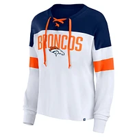Women's Fanatics White/Navy Denver Broncos Even Match Lace-Up Long Sleeve V-Neck T-Shirt