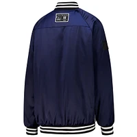 Women's Gameday Couture  Navy/White Denver Broncos Oversized Hot Shot Rhinestone Throwback Full-Snap Varsity Bomber Jacket