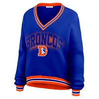 Women's WEAR by Erin Andrews Royal Denver Broncos Oversized Long Sleeve V-Neck Sweatshirt