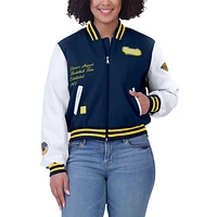 Women's WEAR by Erin Andrews Navy/White Denver Nuggets Cropped Varsity Full-Zip Jacket