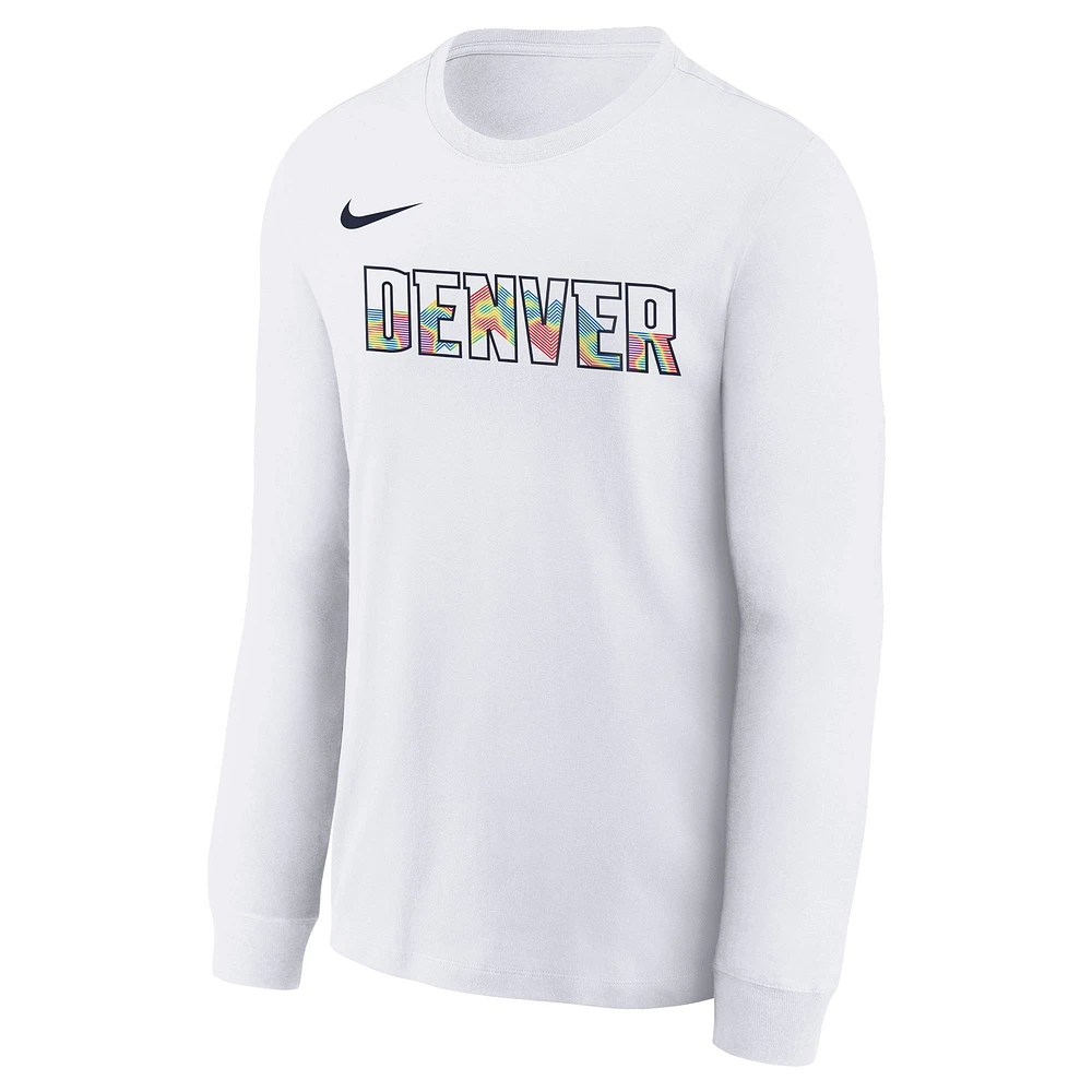 Youth Nike  White Denver Nuggets 2024/25 City Edition Wordmark Performance Long Sleeve T-Shirt