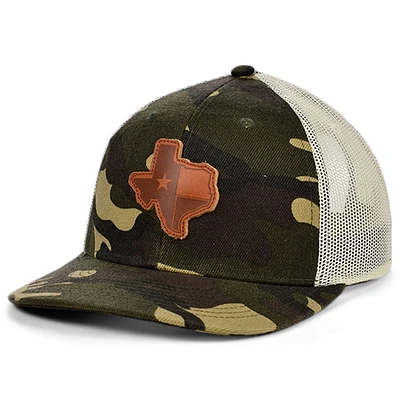 Casquette ajustable pour camionneur Local Crowns Camo/Natural Texas Woodland Leather State Patch Trucker Snapback