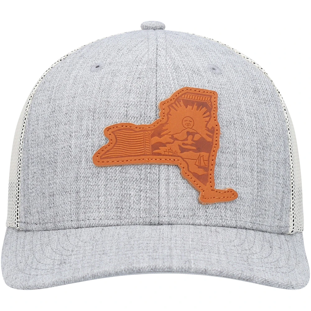 Men's Local Crowns Heathered Gray New York Leather State Patch Trucker Snapback Hat