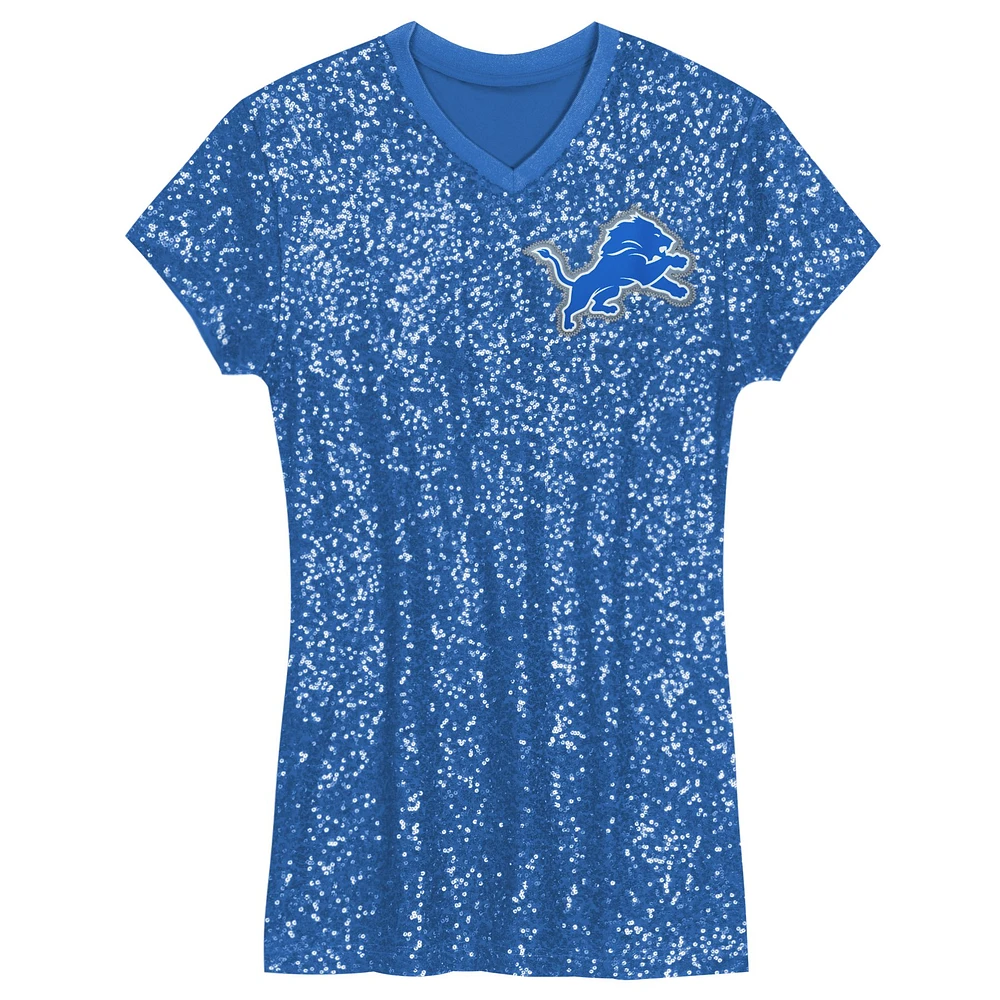 Girls Youth Aidan Hutchinson Blue Detroit Lions Sequin Player Name & Number V-Neck Dress