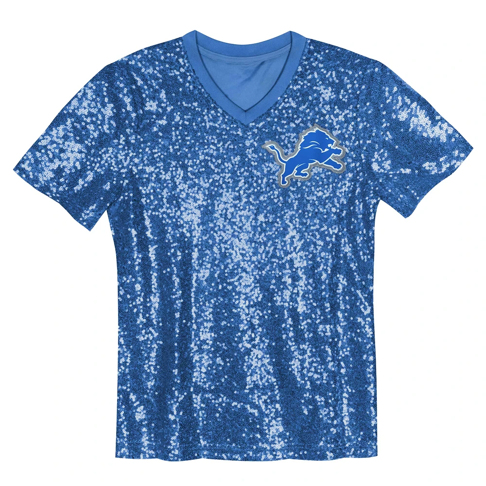 Girls Youth Blue Detroit Lions Wordmark Sequin V-Neck Top