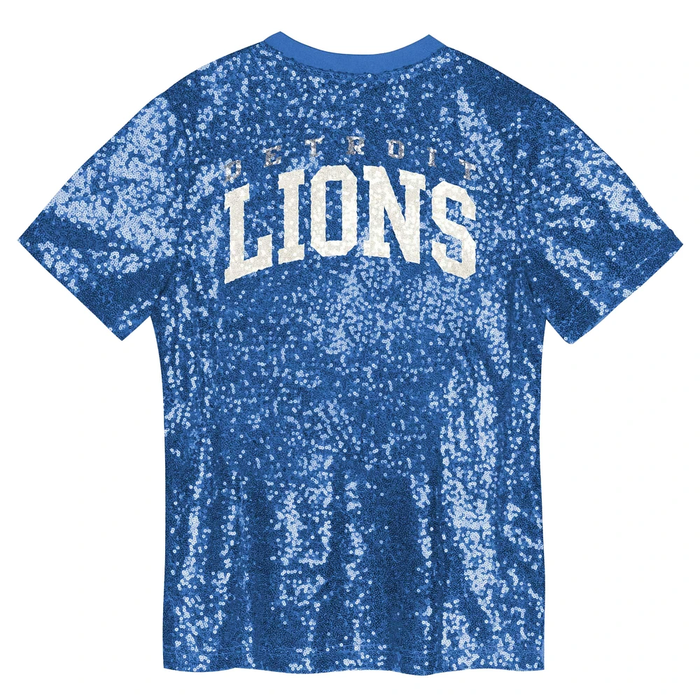Girls Youth Blue Detroit Lions Wordmark Sequin V-Neck Top