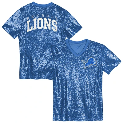 Haut à col en V sequins bleu avec inscription Detroit Lions pour filles